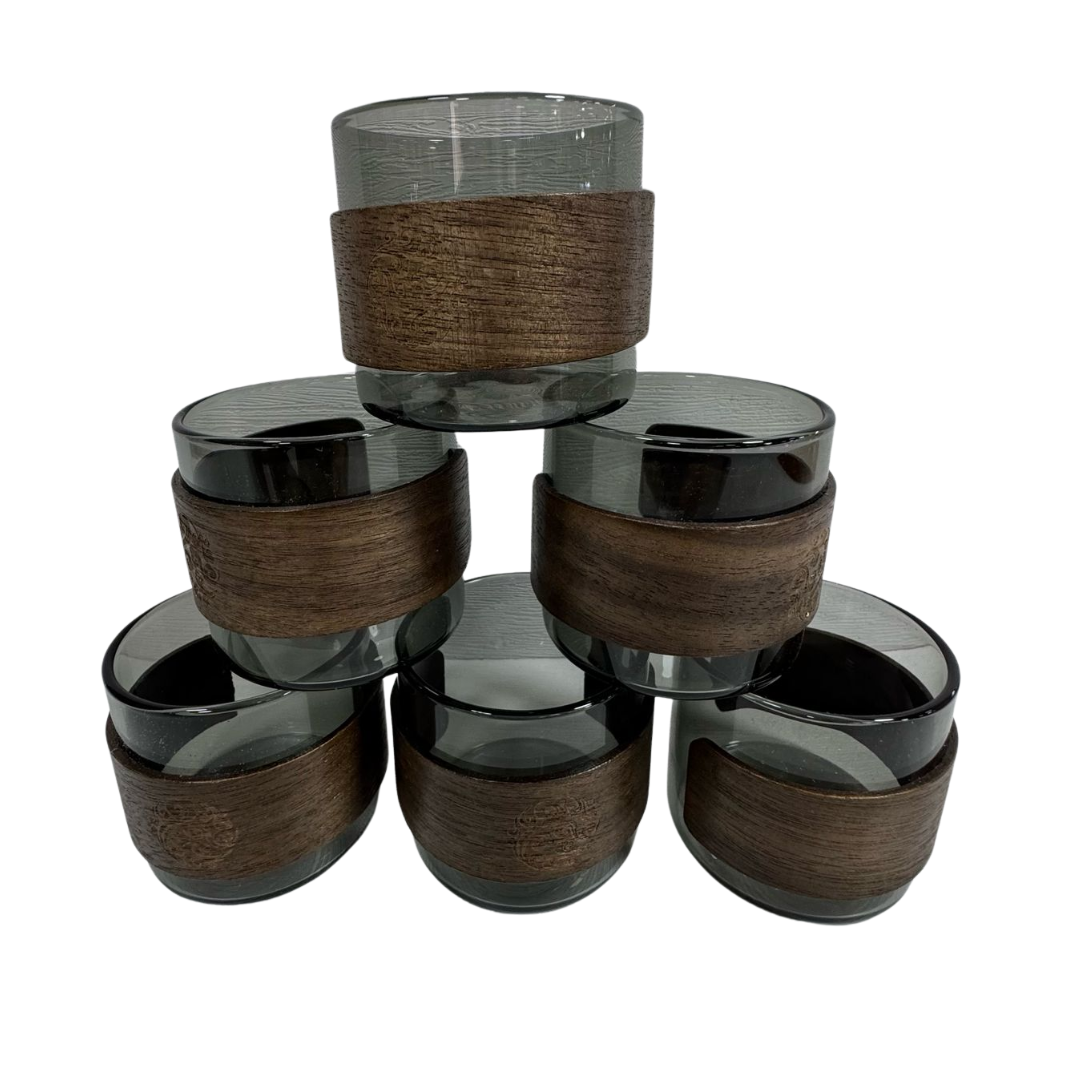 SET VASOS DE VIDRIO CON FUNDA DE MADERA X6