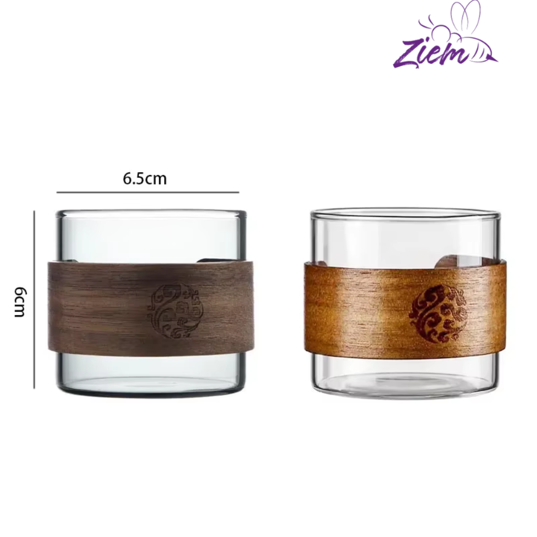 SET VASOS DE VIDRIO CON FUNDA DE MADERA X6
