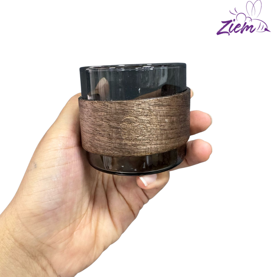 SET VASOS DE VIDRIO CON FUNDA DE MADERA X6