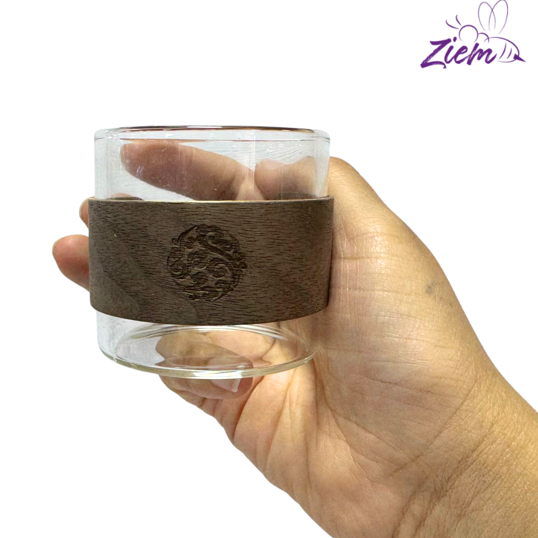 SET VASOS DE VIDRIO CON FUNDA DE MADERA X6