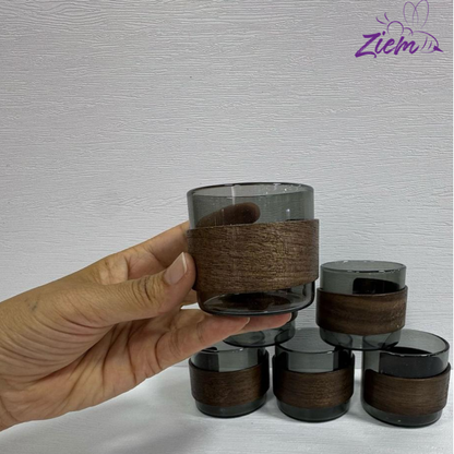 SET VASOS DE VIDRIO CON FUNDA DE MADERA X6