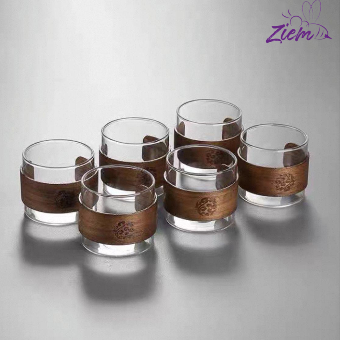 SET VASOS DE VIDRIO CON FUNDA DE MADERA X6