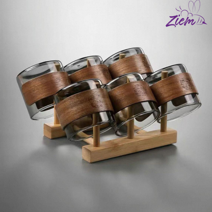 SET VASOS DE VIDRIO CON FUNDA DE MADERA X6
