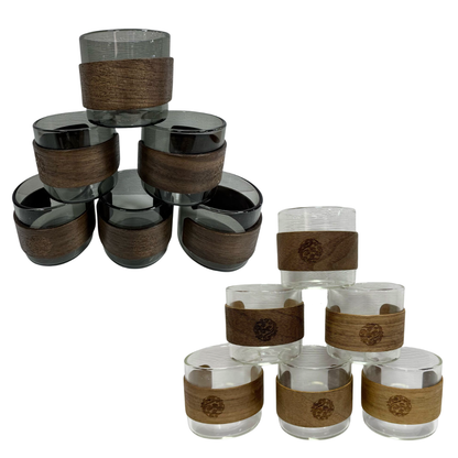 SET VASOS DE VIDRIO CON FUNDA DE MADERA X6