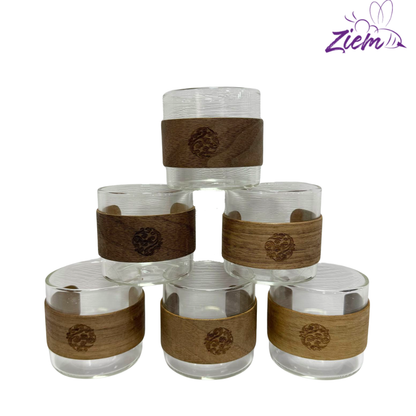 SET VASOS DE VIDRIO CON FUNDA DE MADERA X6