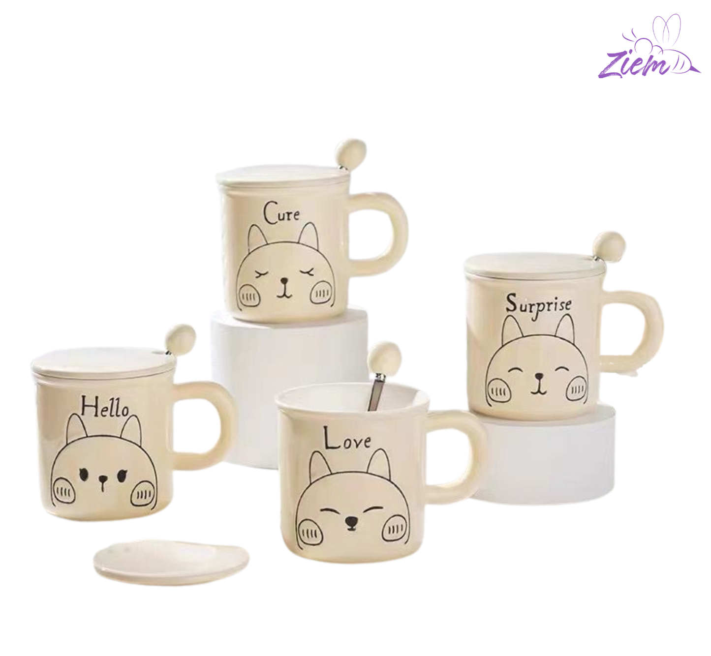 POCILLO TAPA CUCHARA ANIMALES B/N