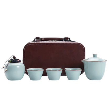 SET DE TÉ  VIAJERO EN CERAMICA CON MALETA DE SINTETICO