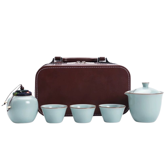 SET DE TÉ  VIAJERO EN CERAMICA CON MALETA DE SINTETICO