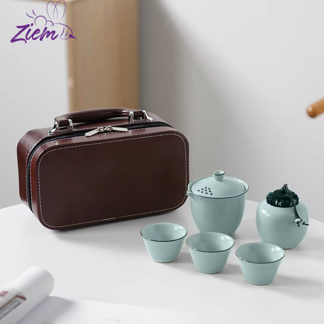 SET DE TÉ  VIAJERO EN CERAMICA CON MALETA DE SINTETICO