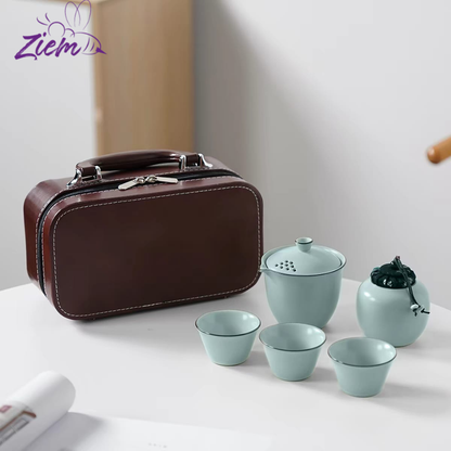 SET DE TÉ  VIAJERO EN CERAMICA CON MALETA DE SINTETICO