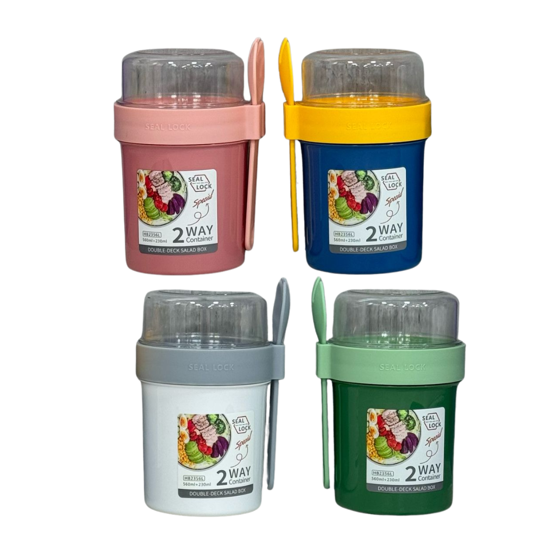 VASO DOBLE COMPARTIMIENTO HERMÉTICO CON CUCHARA – 2 WAY CONTAINER
