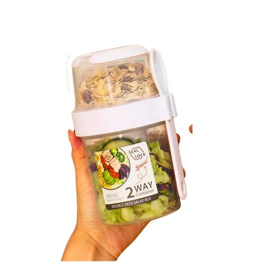 VASO PORTA ENSALADAS 2 EN 1 CON COMPARTIMENTO Y TENEDOR
