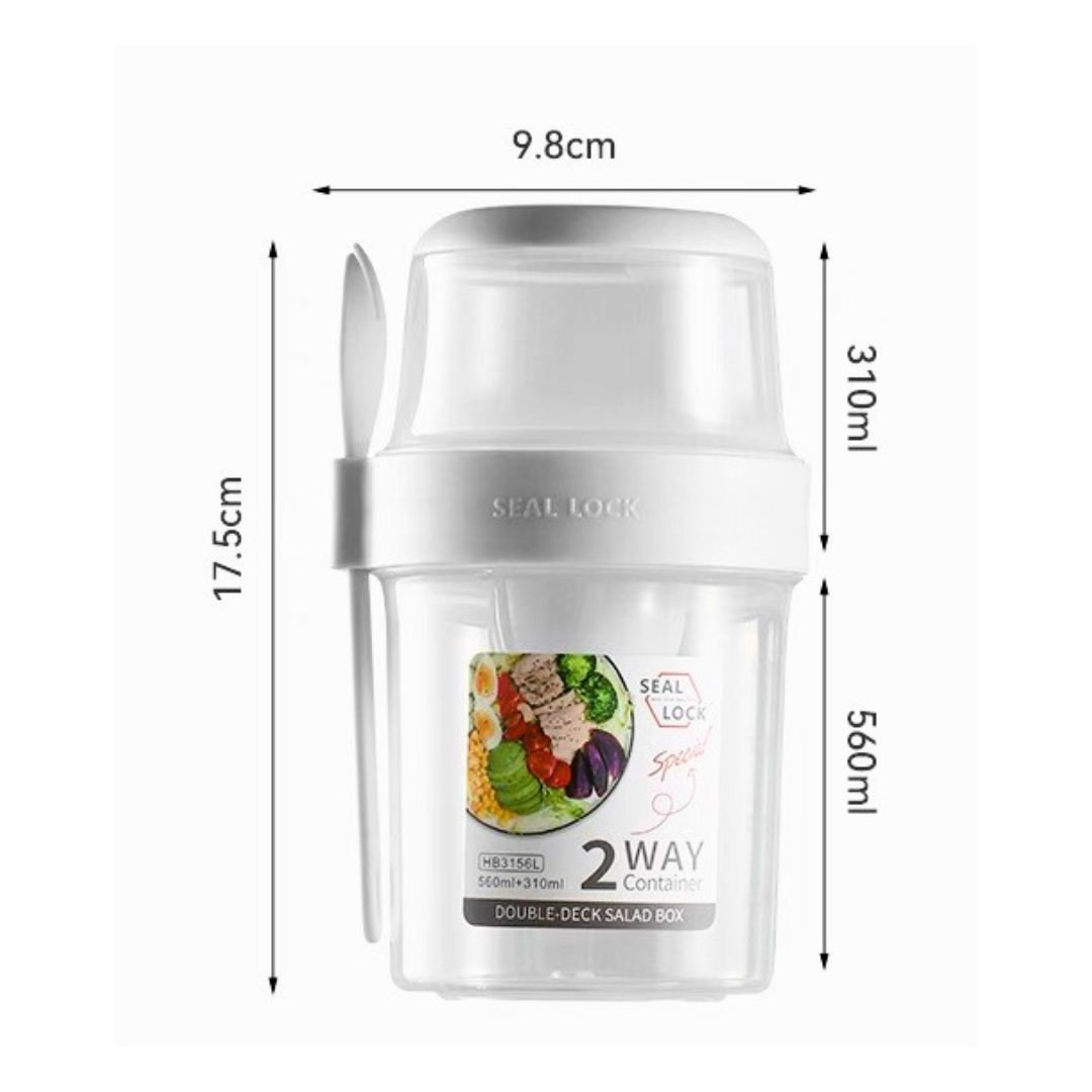VASO PORTA ENSALADAS 2 EN 1 CON COMPARTIMENTO Y TENEDOR